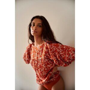 Free People Rust Combo Puff Sleeve Thong Bodysuit Women's Size X-Small XS